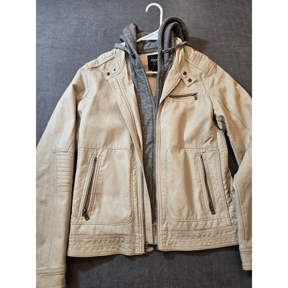 Guess Jacket Mens Small Faux Leather Moto Built in Hood Neutral Cream Full Zip